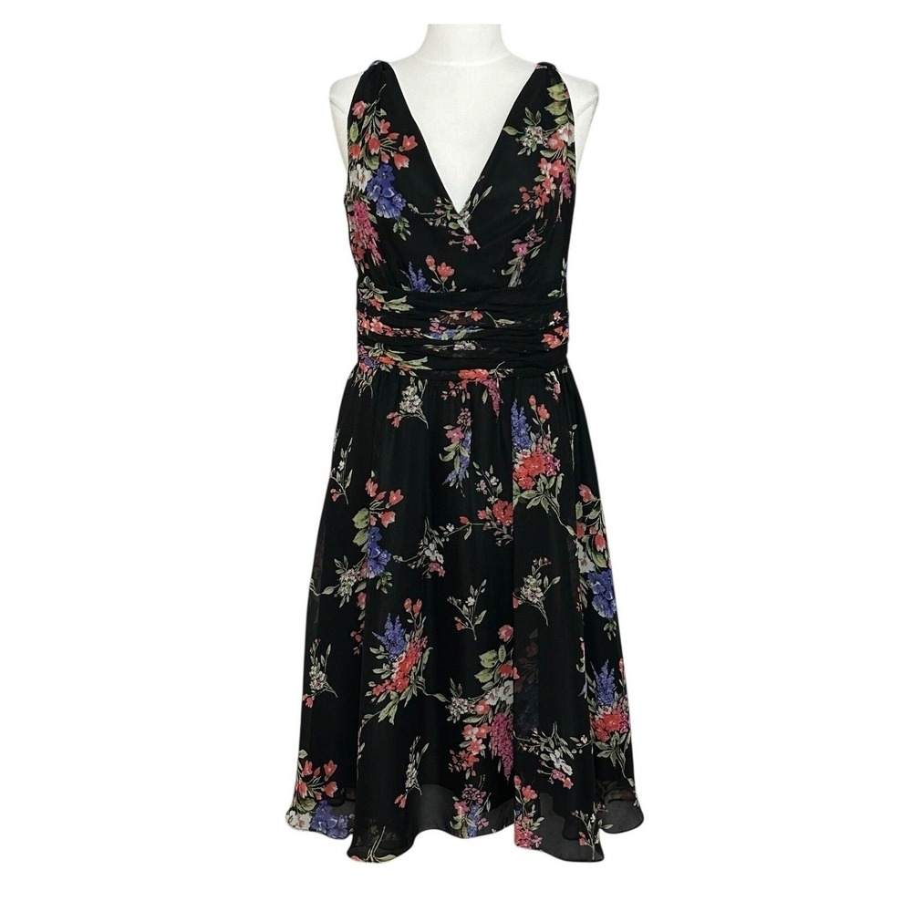 VTG DJ Summers Womens Dress 12 Black Floral Ruched Chiffon Dark Fairy Romantic